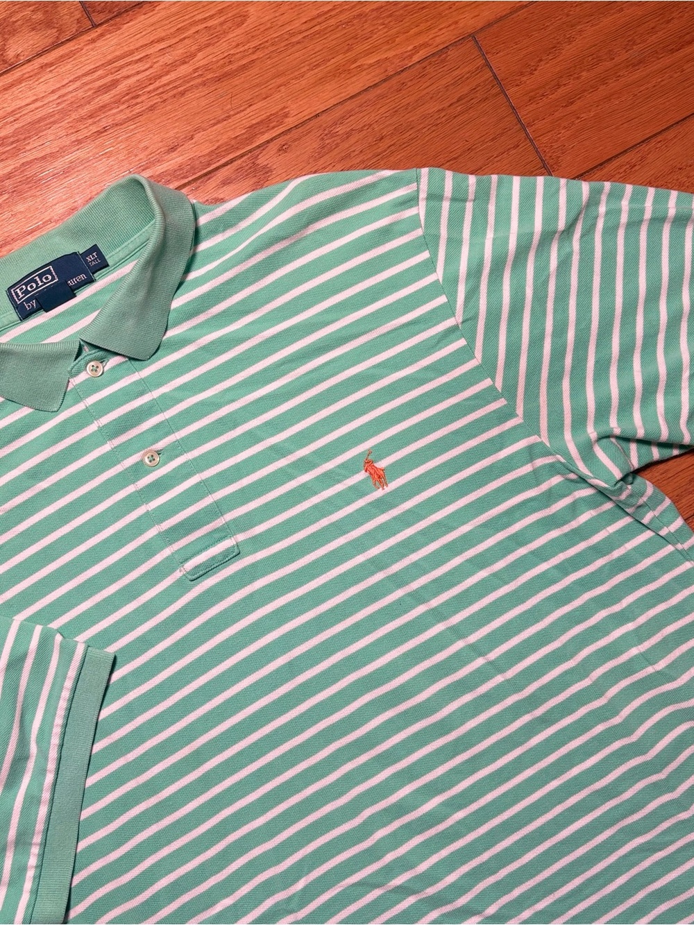 Ralph Lauren Mint Green & White Striped Polo with Orange Pony